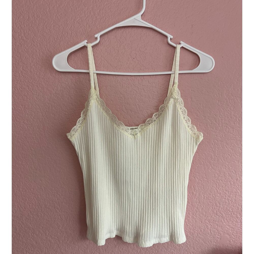 Topshop Lace Trim V Neck White Crop Cami Ribbed Top Size 12 Large Romantic NWT
